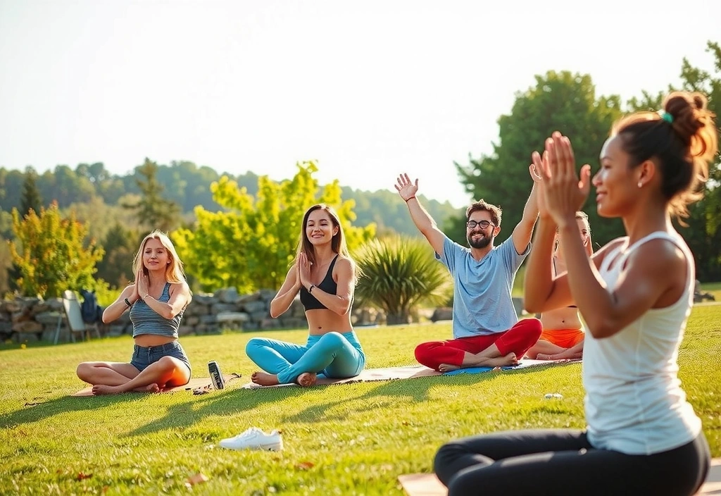 Happy customers practicing natural wellness together in a beautiful natural setting